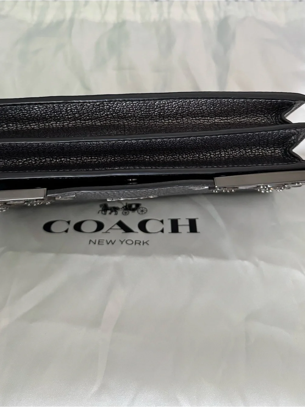COACH Metallic Pewter Floral Appliqué Leather Foldover Chain Clutch